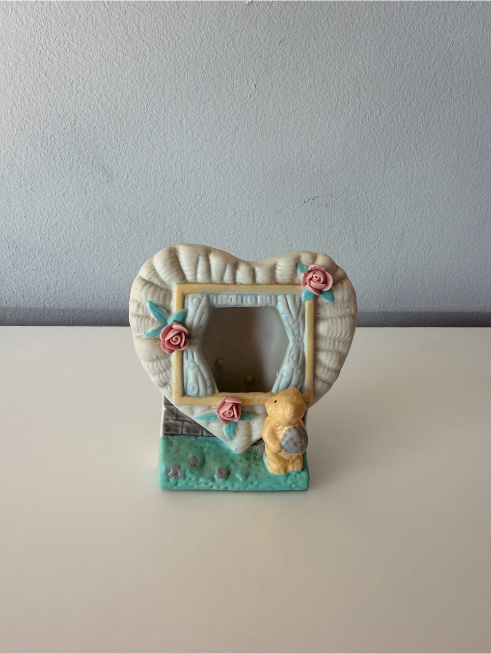 Small Vintage Ceramic Heart-Shaped Frame with Roses and Bear